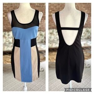 Lush Black Blue Colorblock Mesh Backless Bodycon  Dress M